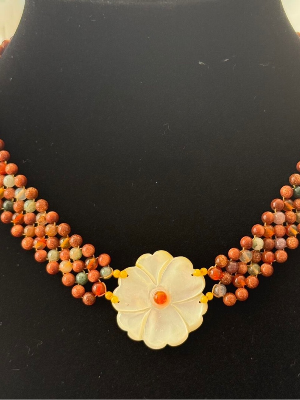 Handcrafted Multistrand Flower Pendant Necklace - Orange and Cream